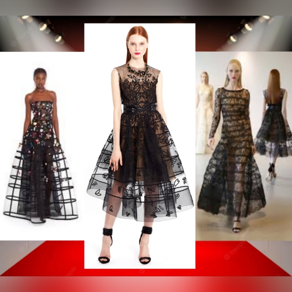 *$7,900 OSCAR DE LA RENTA BLACK TULLE FLORAL BEAD EMBROID RUNWAY MIDI DRESS 10